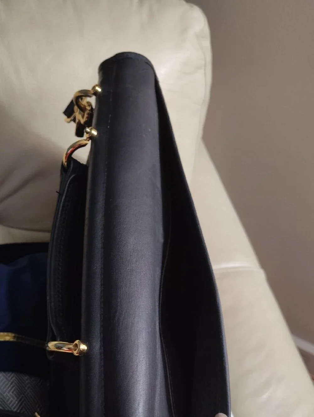 Black Leather Unisex Briefcase with Gold-Tone Hardware